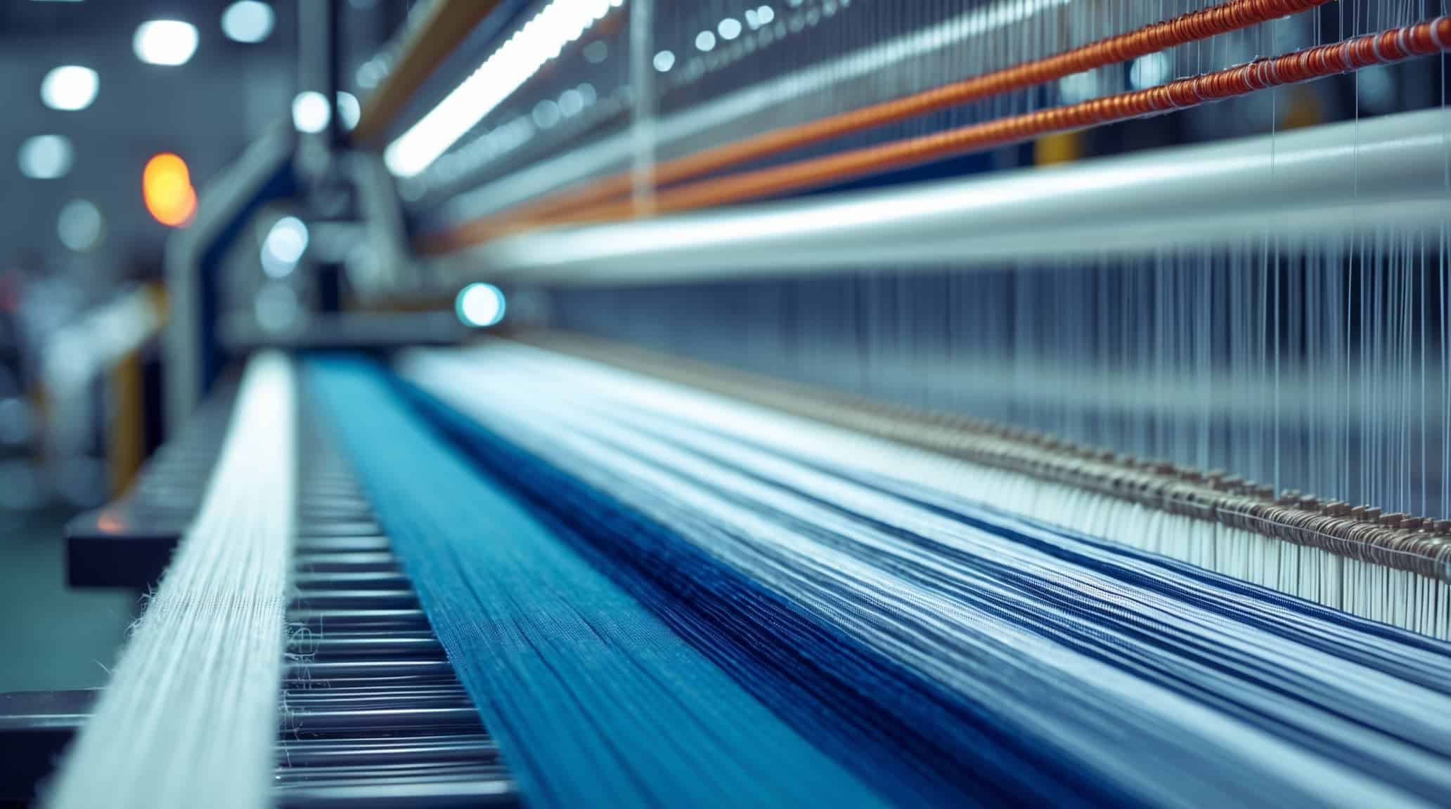 Industrial weaving loom producing technical synthetic fabric in manufacturing facility