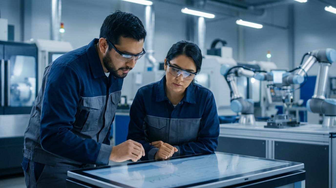 Engineers reviewing aerospace blueprints in Chihuahua Mexico industrial facility