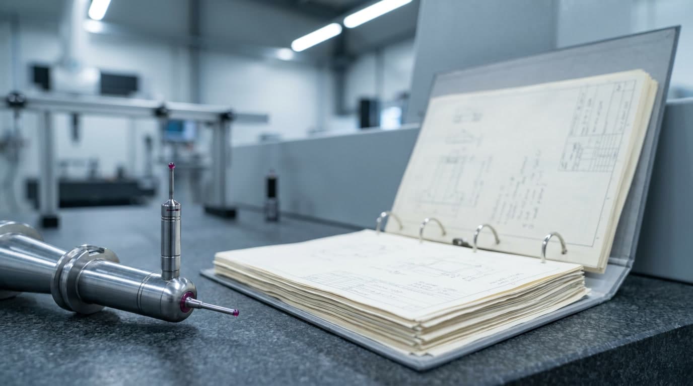 Aerospace Supply Chain Disruption: Why Certified Regional Capacity Decides Who Recovers First — section 2 Quality management documentation binder beside a precision CMM probe tip, representing AS9100 certification requirements.