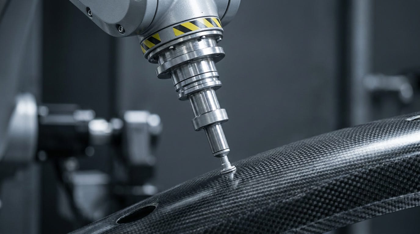 Aerospace Supply Chain Disruption: Why Certified Regional Capacity Decides Who Recovers First — section 3 Robotic arm installing a fastener into a carbon fiber aerospace structural panel, representing OEM-level assembly integration.