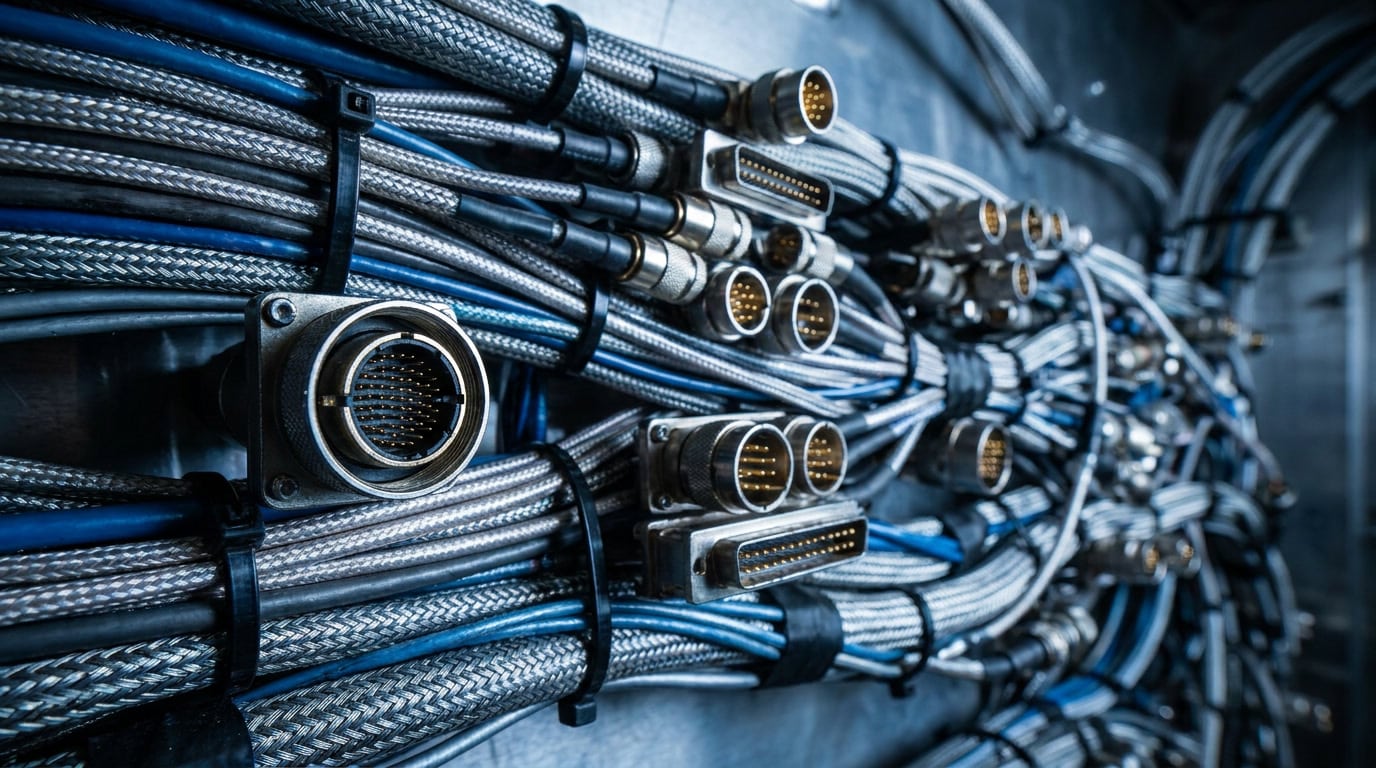 Aerospace Supply Chain Disruption: Why Certified Regional Capacity Decides Who Recovers First — section 5 Aerospace wiring harness with dense cable bundles and precision connectors, representing the complex multi-node supply chain structure.