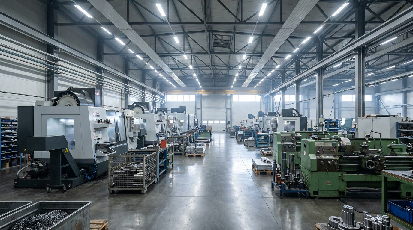 01 — Mexico Aerospace Manufacturing Base Wide view of a precision metalworking facility with rows of CNC machines representing decades of industrial manufacturing capability.