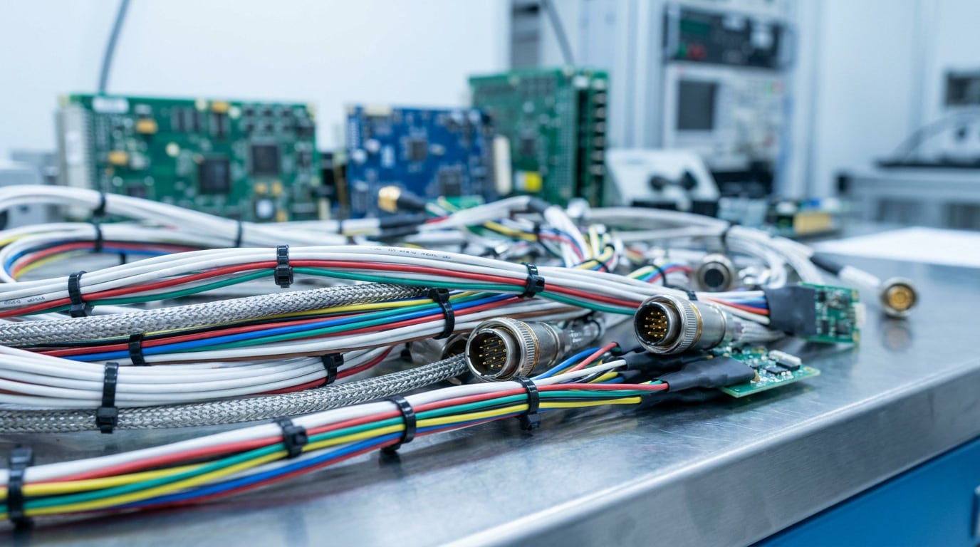 02 — Mexico Aerospace Manufacturing Base Aerospace wiring harnesses with color-coded cables and precision connectors on a stainless steel workbench, with avionics components in the background.