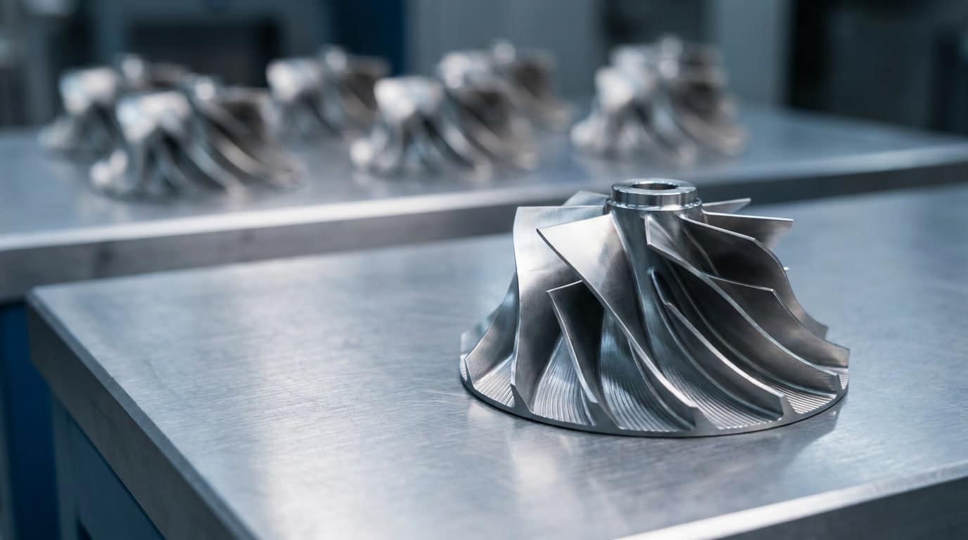 03 — Mexico Aerospace Manufacturing Base Precision-machined aerospace engine component in sharp focus with multiple identical parts blurred in the background, representing sustained high-volume production.