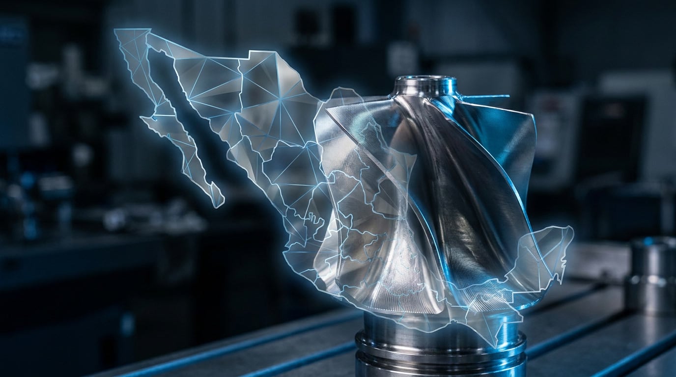 Double exposure of Mexico's map silhouette fused with a precision aerospace turbine blade, representing the country's aerospace manufacturing scale.