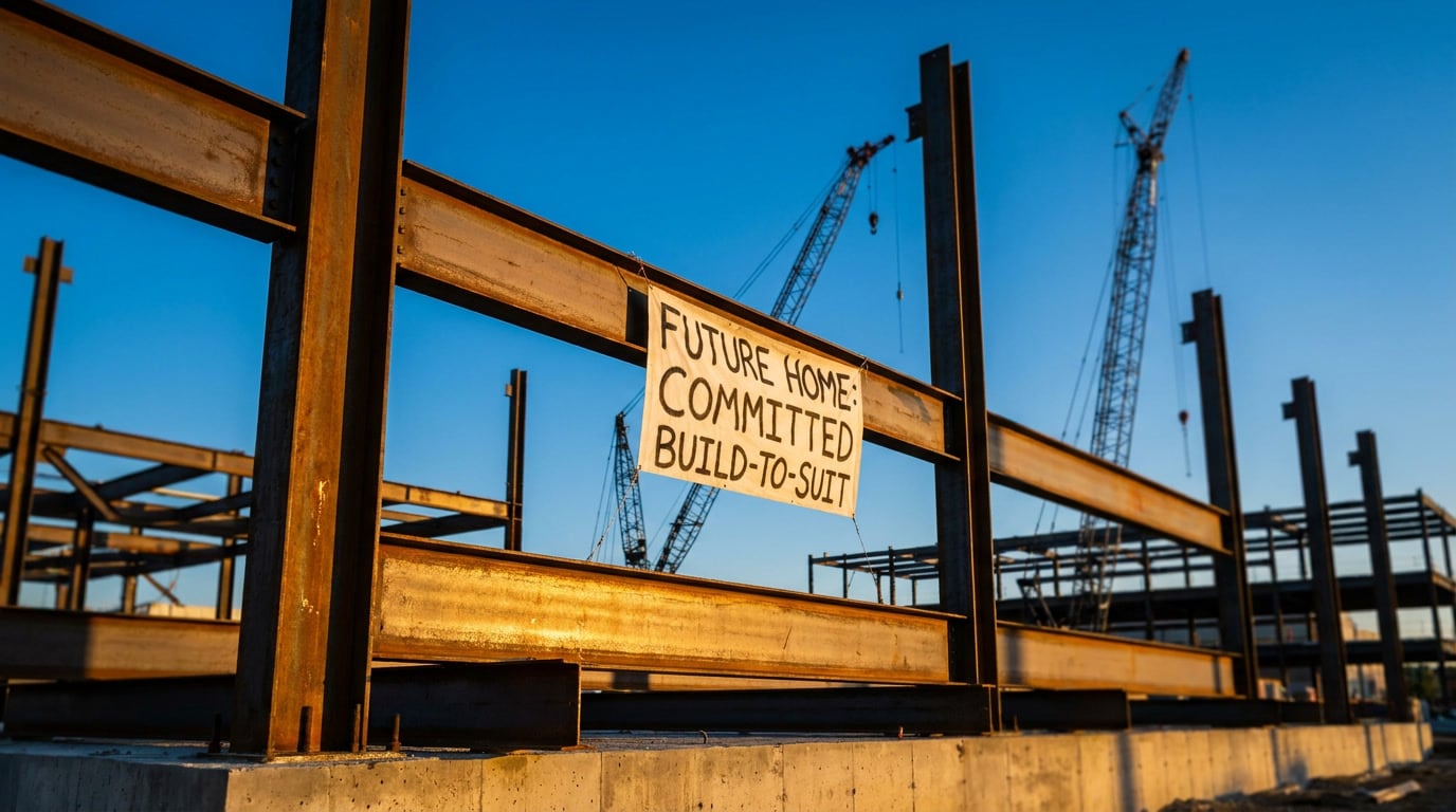 mexico-industrial-real-estate-costs-timing-03 Industrial building under construction with exposed steel structure, representing the build-to-suit and pre-leasing model now standard in Mexico's tight manufacturing corridors.