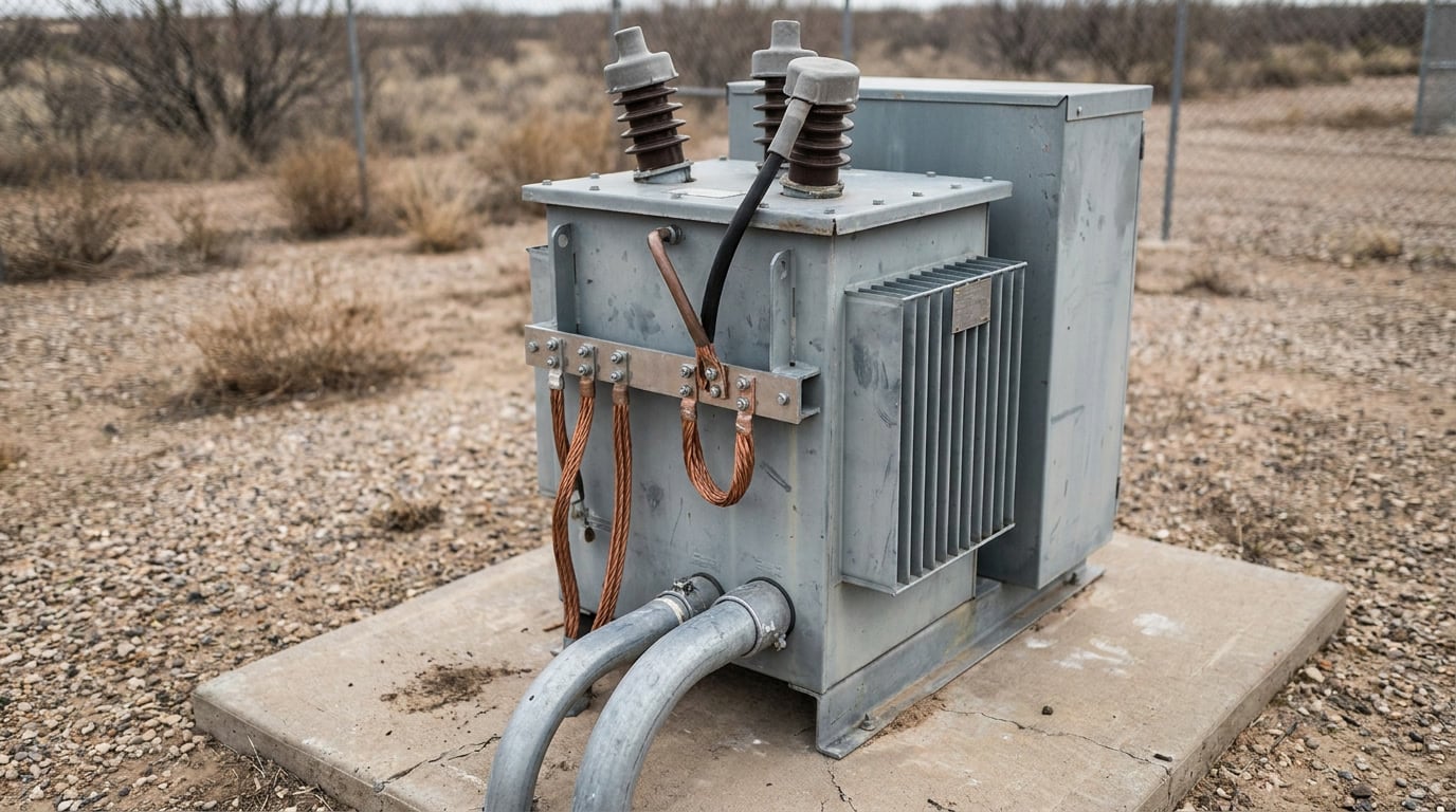 mexico-industrial-real-estate-costs-timing-04 Medium-voltage transformer on a concrete pad at an industrial site, representing CFE power infrastructure as the critical path constraint in Mexico manufacturing site timelines.
