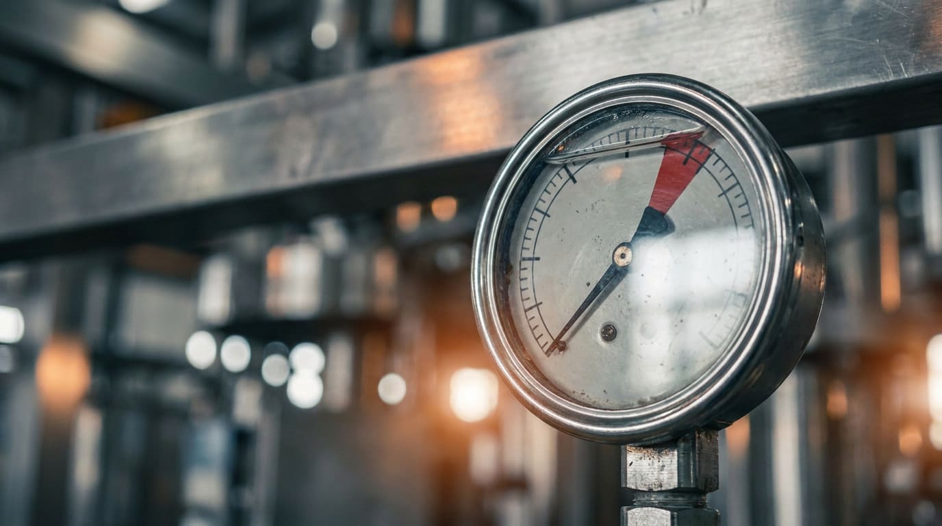 mexico-industrial-real-estate-costs-timing-05 Industrial pressure gauge with needle at high reading, representing rising industrial real estate rents and the cost of delayed site selection in Mexico.