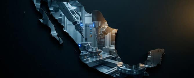 Double exposure of a stylized Mexico silhouette filled with precision manufacturing in dramatic dark tones, representing advanced manufacturing in Mexico.
