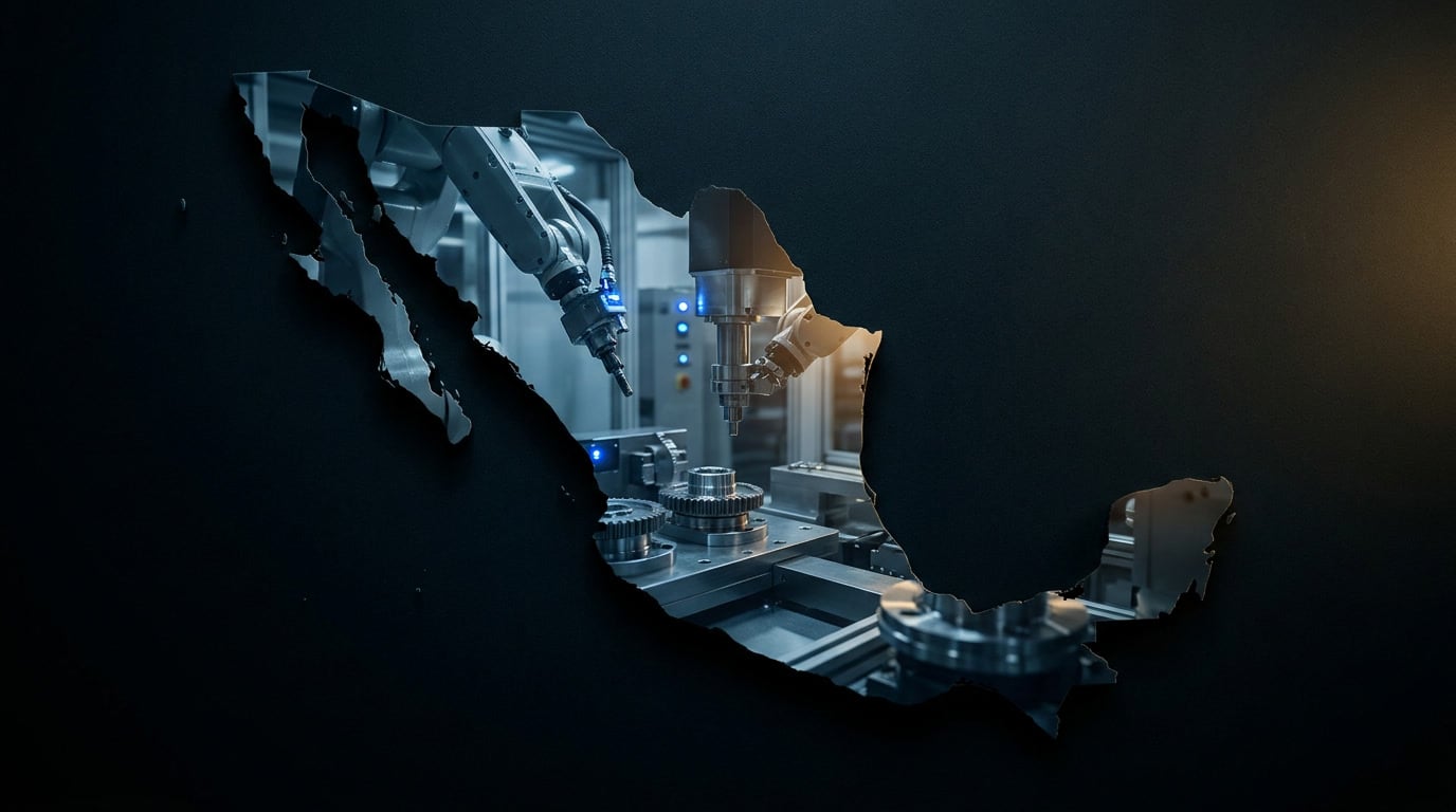 Double exposure of a stylized Mexico silhouette filled with precision manufacturing in dramatic dark tones, representing advanced manufacturing in Mexico.