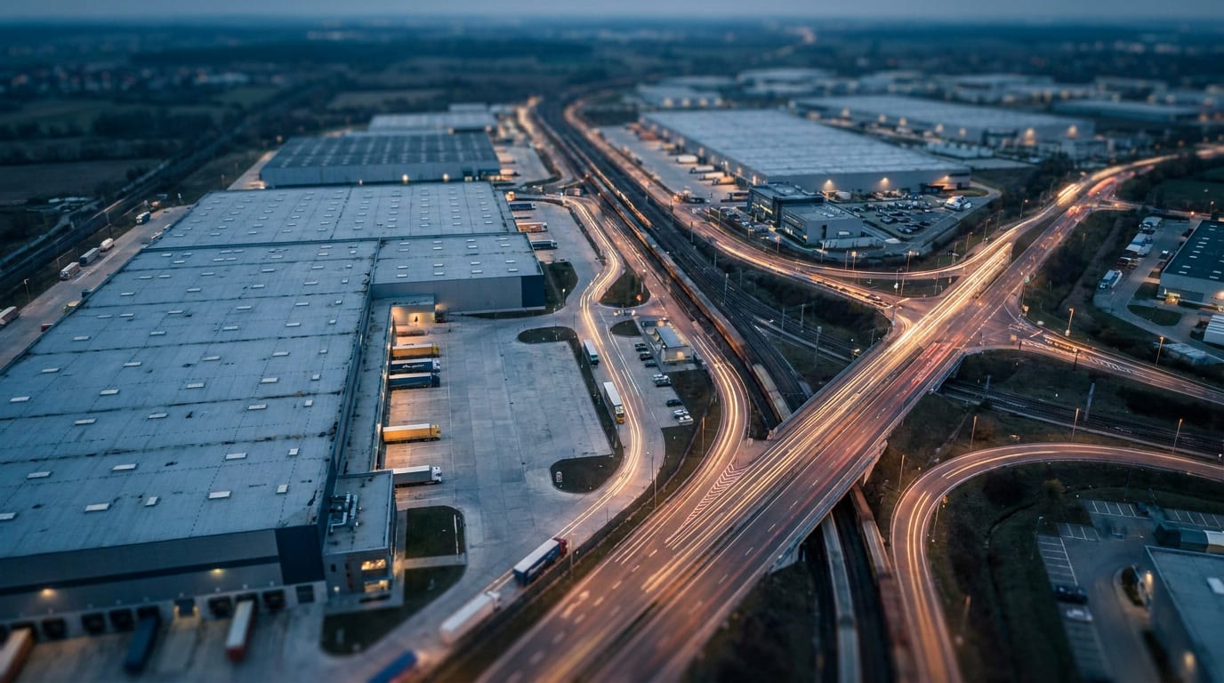 the-shift-toward-regional-manufacturing-why-nearshoring-is-accelerating-s1 Aerial view of interconnected industrial manufacturing complex at dusk with illuminated logistics corridors