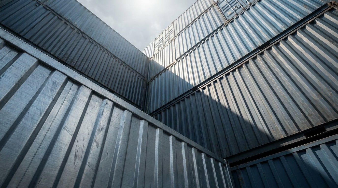 the-shift-toward-regional-manufacturing-why-nearshoring-is-accelerating-s2 Ground-level view looking up at stacked intermodal shipping containers in steel blue tones representing trade flow acceleration