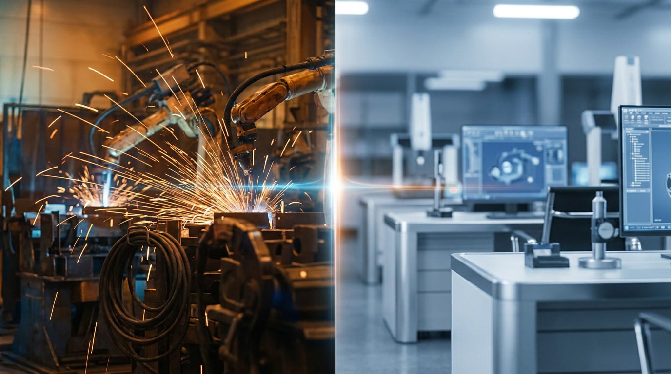 the-shift-toward-regional-manufacturing-why-nearshoring-is-accelerating-s4 Split-frame image showing heavy manufacturing floor and clean engineering workspace representing two-node manufacturing architecture