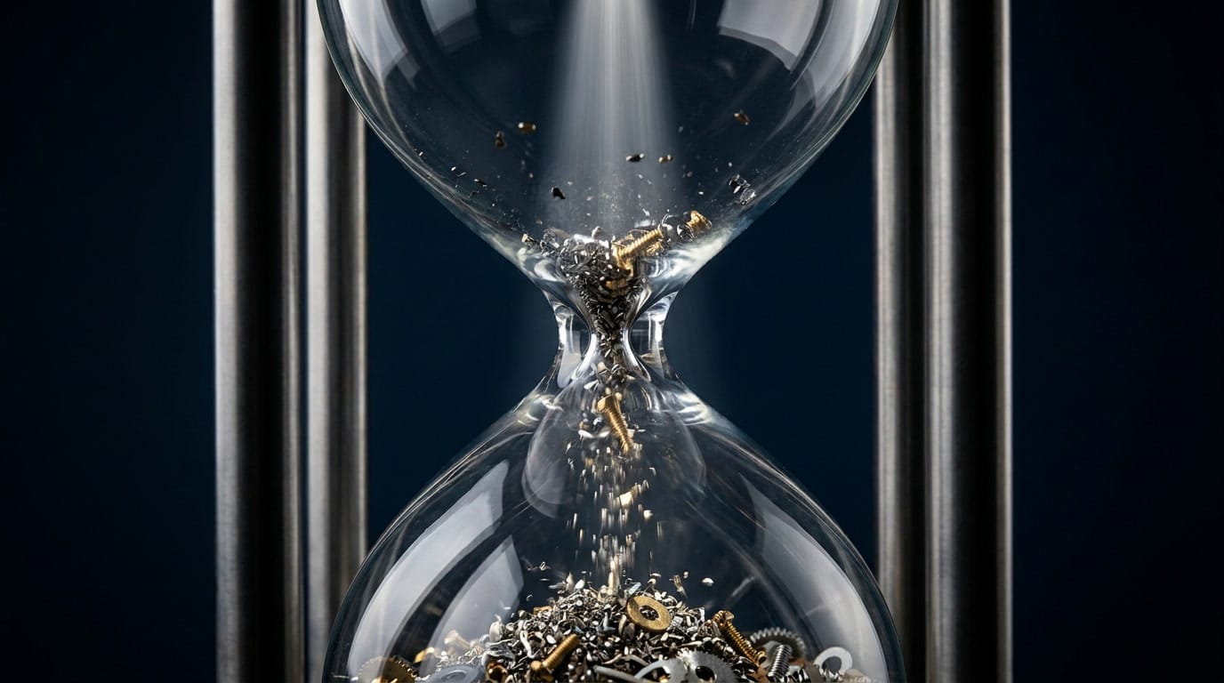 the-shift-toward-regional-manufacturing-why-nearshoring-is-accelerating-s5 Industrial hourglass in brushed steel with precision metallic components flowing through, symbolizing narrowing window for nearshoring advantage