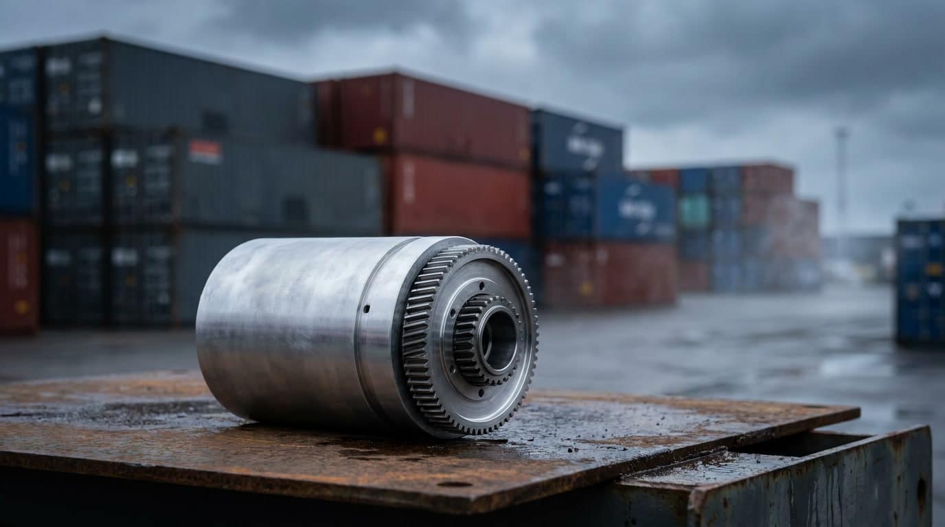 us-manufacturers-north-america-strategy-01 Precision aluminum component in foreground with blurred shipping containers in background illustrating supply chain risk