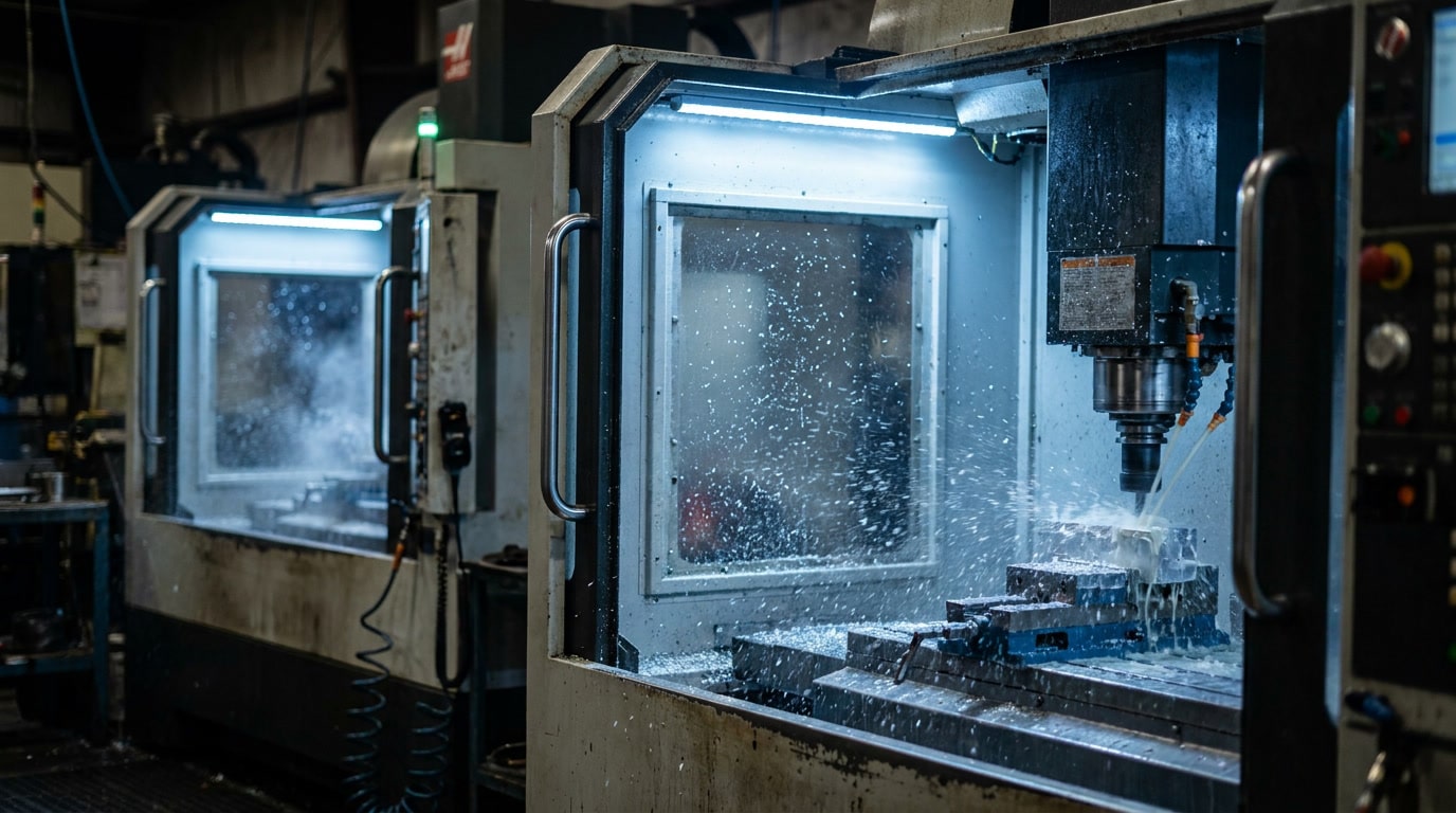 us-manufacturers-north-america-strategy-05 Two adjacent CNC machining centers in operation representing parallel multi-node manufacturing architecture