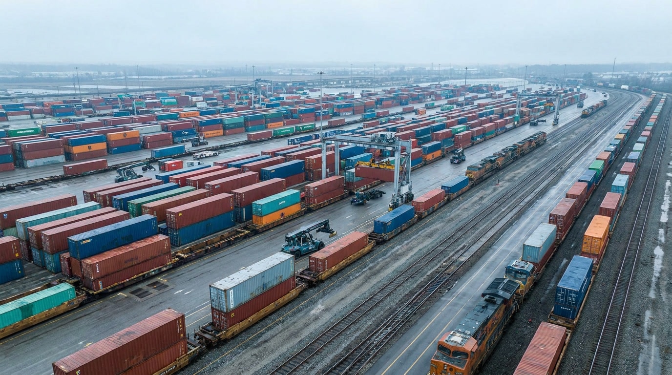 us-manufacturers-north-america-strategy-06 Intermodal rail yard with stacked freight containers representing the scale of U.S.–Mexico manufacturing trade flows