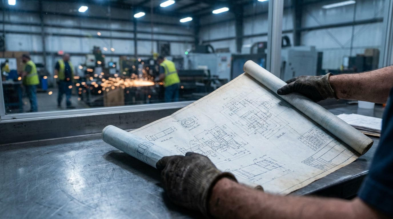 us-manufacturers-north-america-strategy-07 Engineer reviewing technical drawings with active manufacturing floor visible in background representing strategic site evaluation