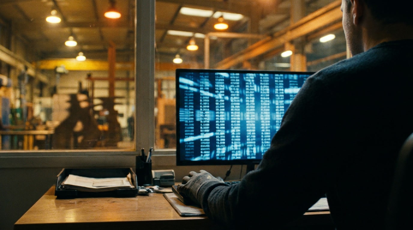 Hands at a desk reviewing data on a monitor with a factory floor visible in the background