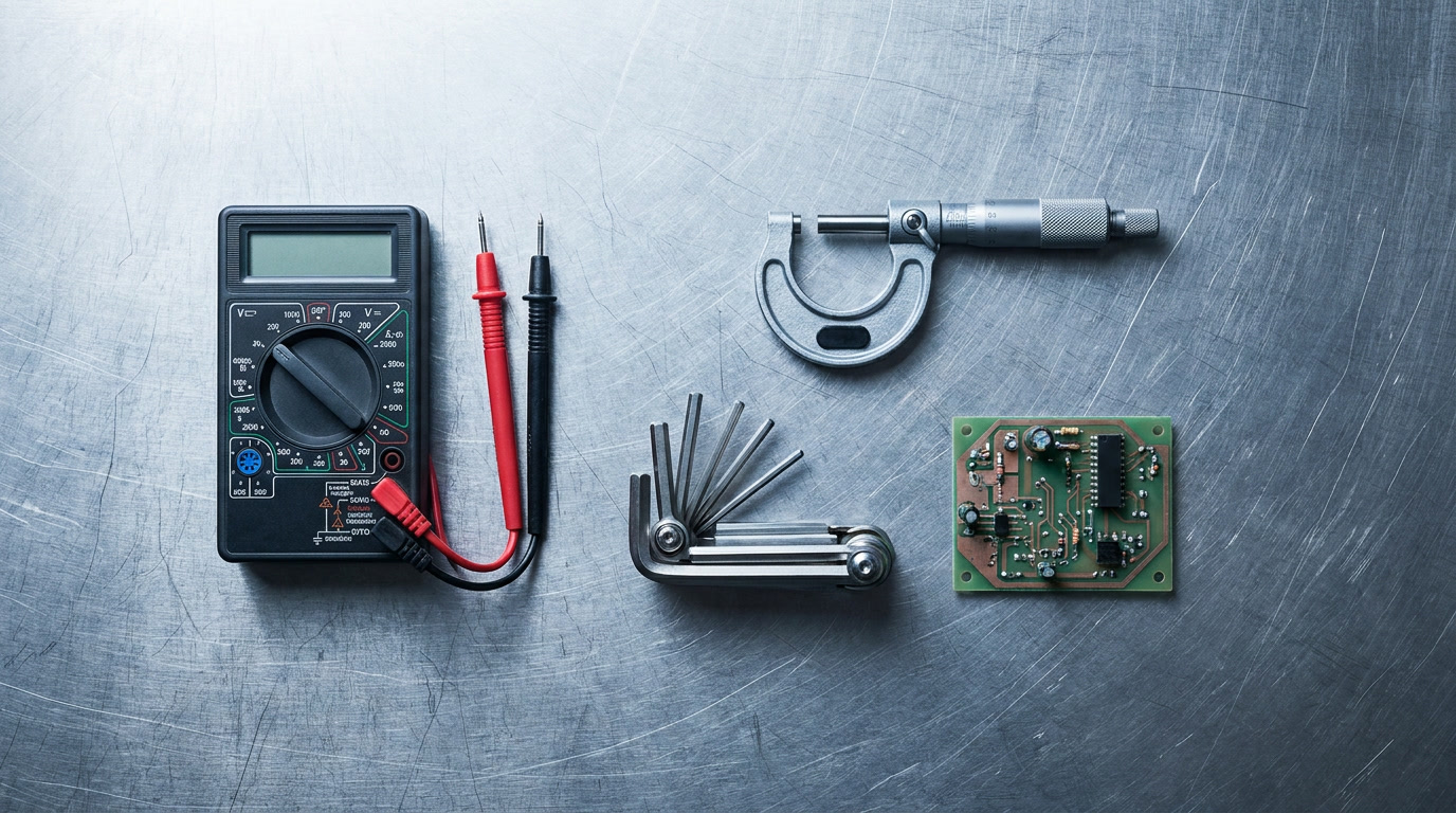 Flat-lay of manufacturing tools including multimeter, micrometer, hex keys, and circuit board on brushed steel