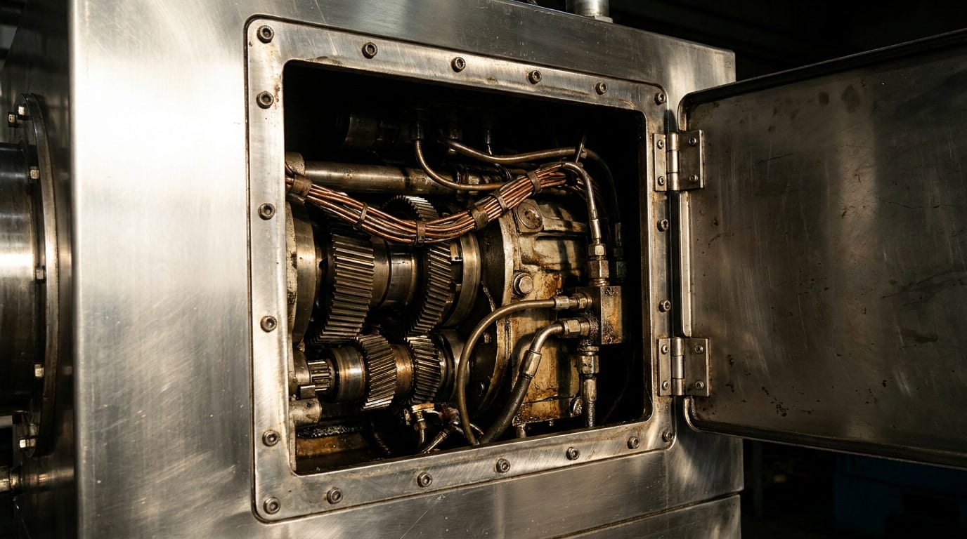 Industrial machine with access panel open revealing complex internal mechanical components