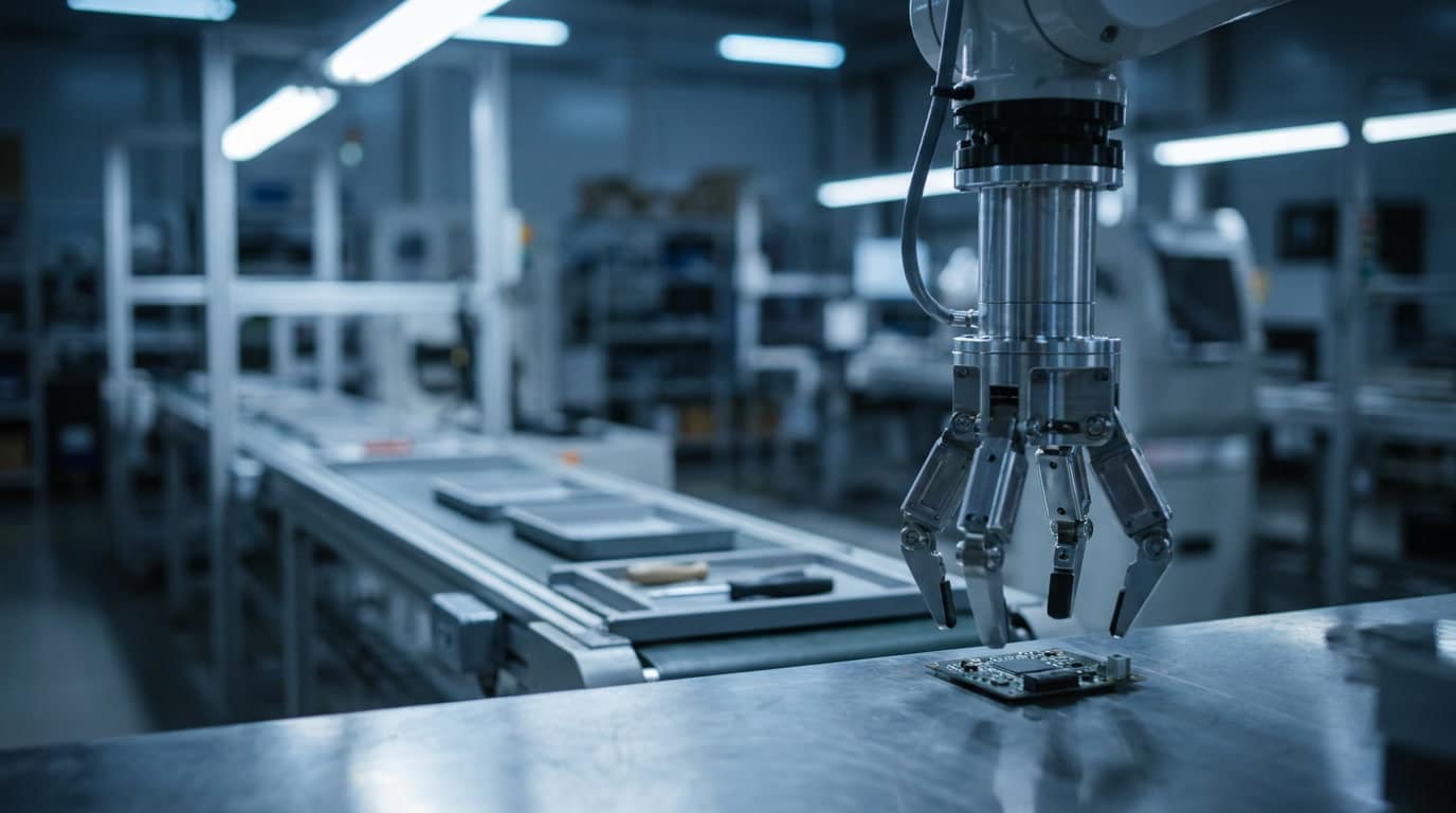 Robotic arm end-effector in foreground with assembly conveyor belt blurred in background