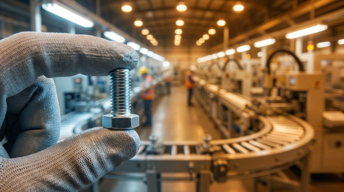 Single precision bolt in sharp focus with blurred assembly line extending into background