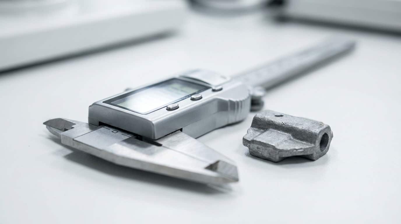 Digital caliper measuring a raw metal casting on a white laboratory surface