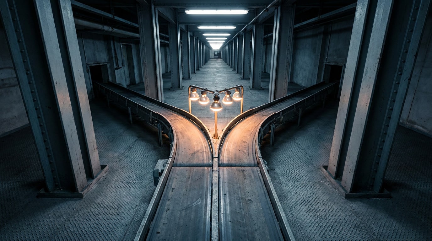 Industrial corridor where two conveyor lines diverge, viewed from a strong perspective angle