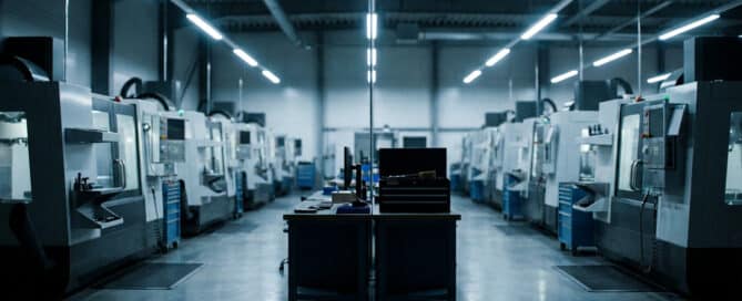 Modern manufacturing floor with CNC machines under industrial lighting