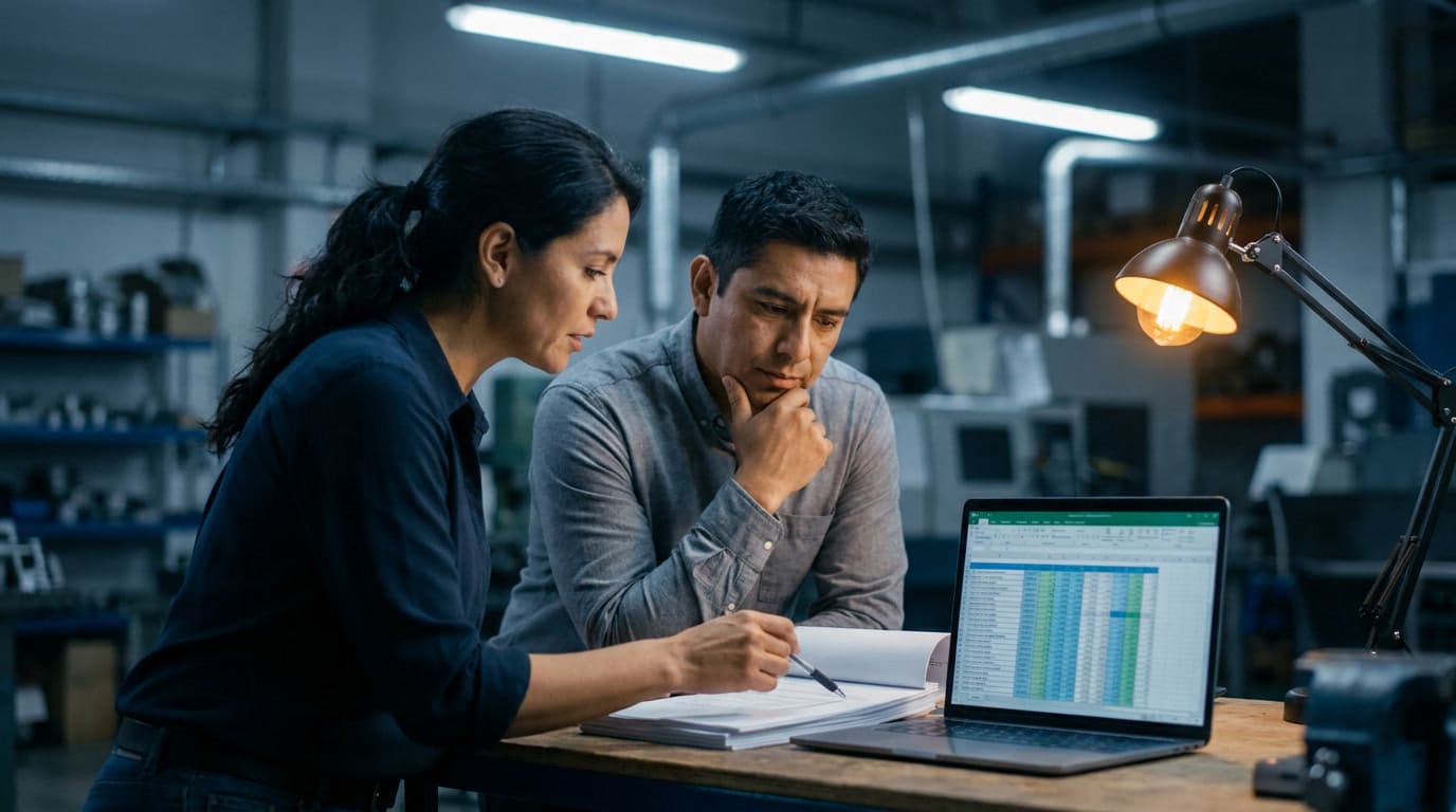 china-vs-mexico-manufacturing-still-competitive-1.jpg Two manufacturing professionals reviewing a cost comparison document and laptop spreadsheet at an industrial workbench.