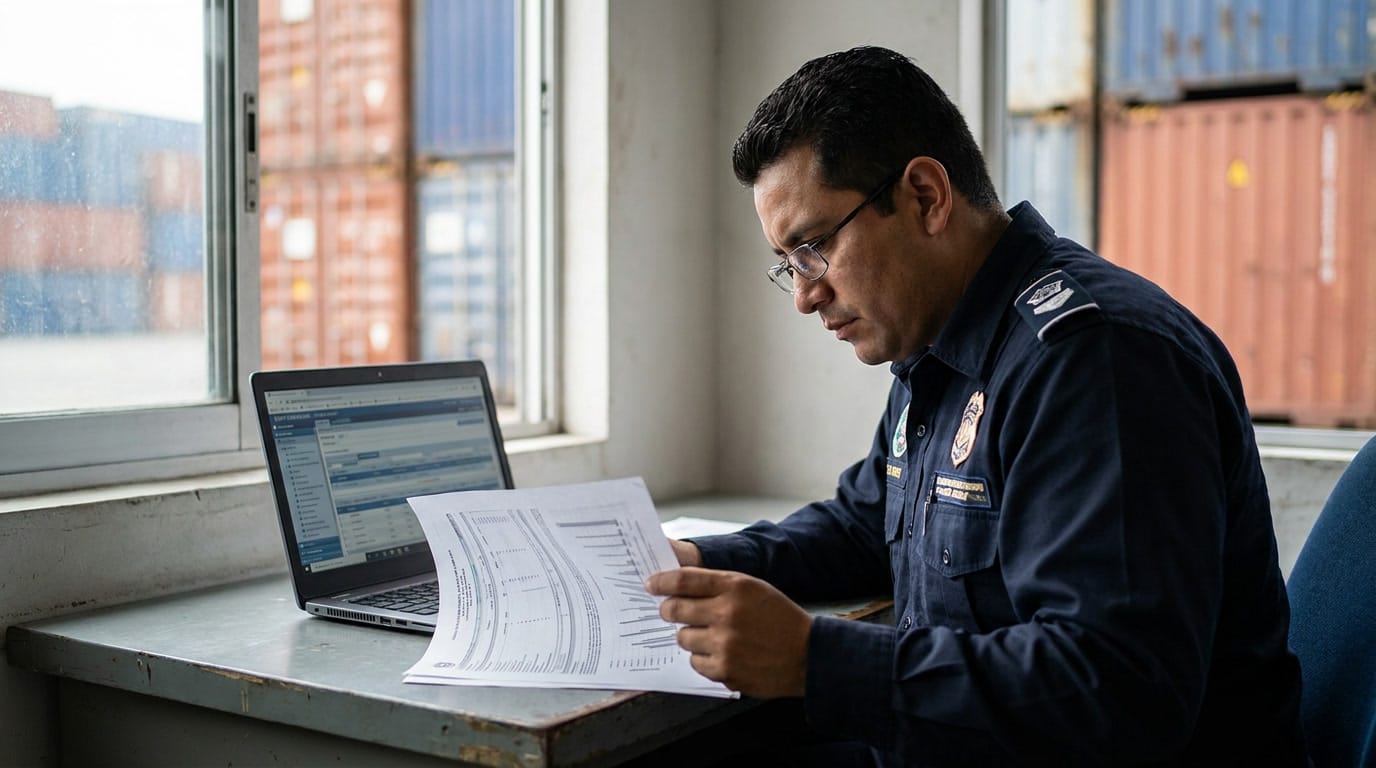 china-vs-mexico-manufacturing-still-competitive-2.jpg Customs officer reviewing HS tariff classification documents at an inspection desk with blurred cargo containers in the background.