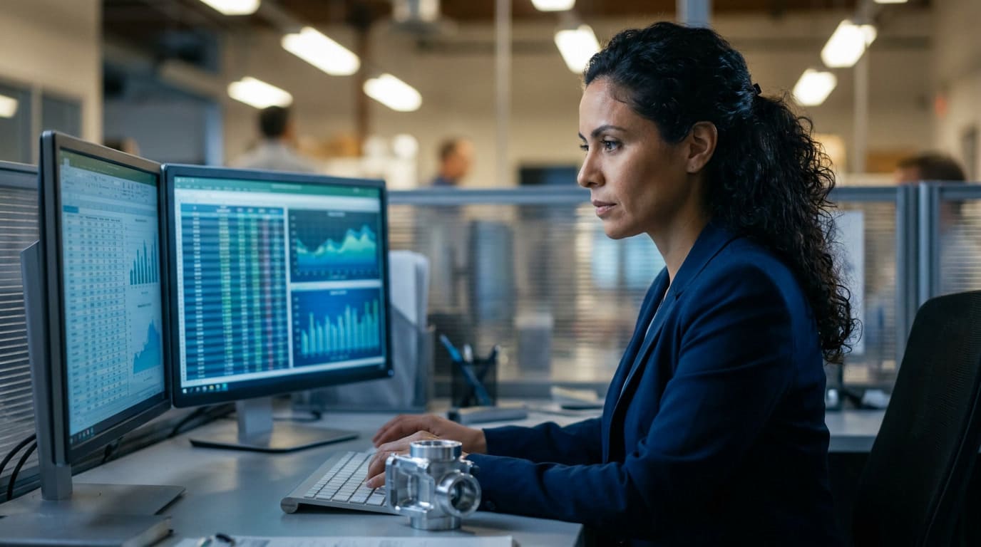 china-vs-mexico-manufacturing-still-competitive-3.jpg Financial analyst reviewing a landed-cost model on dual monitors with a precision machined component on the desk.