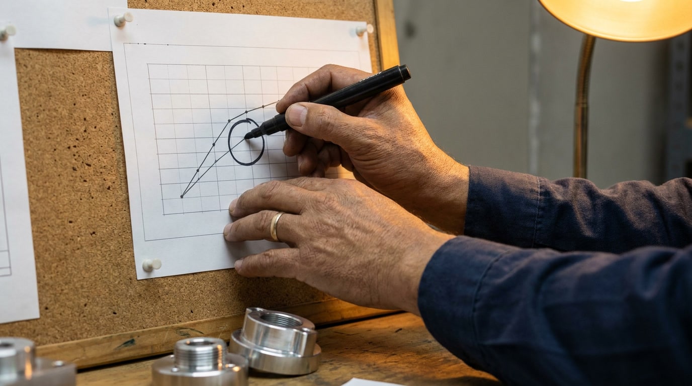 china-vs-mexico-manufacturing-still-competitive-4.jpg Engineer marking a break-even decision point on a printed production volume chart with machined components on the workbench below.