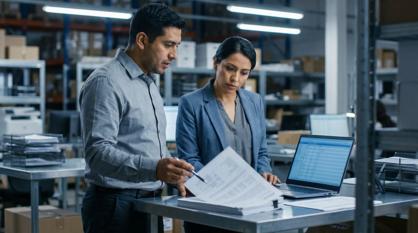 china-vs-mexico-manufacturing-still-competitive-5.jpg Supply-chain compliance team reviewing shipping manifests and a digital enforcement database at a logistics desk.