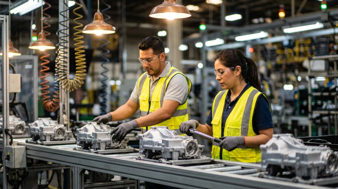 china-vs-mexico-manufacturing-still-competitive-6.jpg Assembly workers installing precision aluminum automotive components on a conveyor line in a Mexican manufacturing facility.