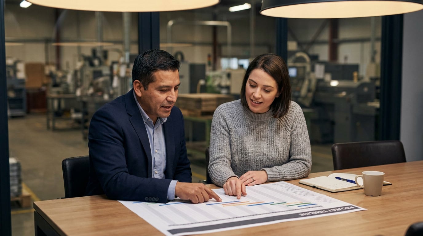 china-vs-mexico-manufacturing-still-competitive-7.jpg Operations manager and advisor reviewing a facility transition plan at a conference table with a blurred production floor visible through a glass partition.