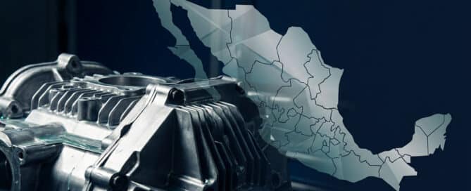 Precision aluminum automotive component double-exposed with the stylized silhouette of Mexico, representing manufacturing relocation strategy.