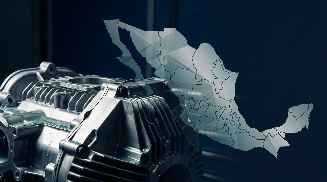Precision aluminum automotive component double-exposed with the stylized silhouette of Mexico, representing manufacturing relocation strategy.