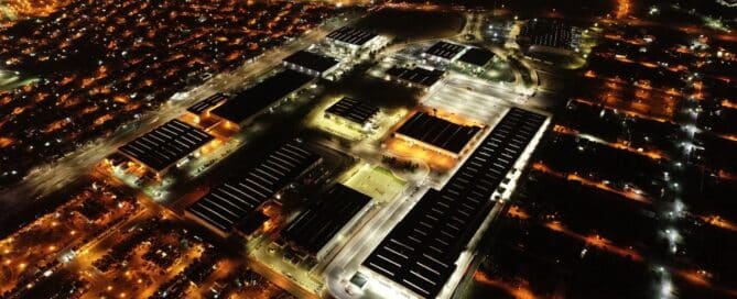 Night aerial view of an industrial park in Mexico, showing the scale of manufacturing operations.
