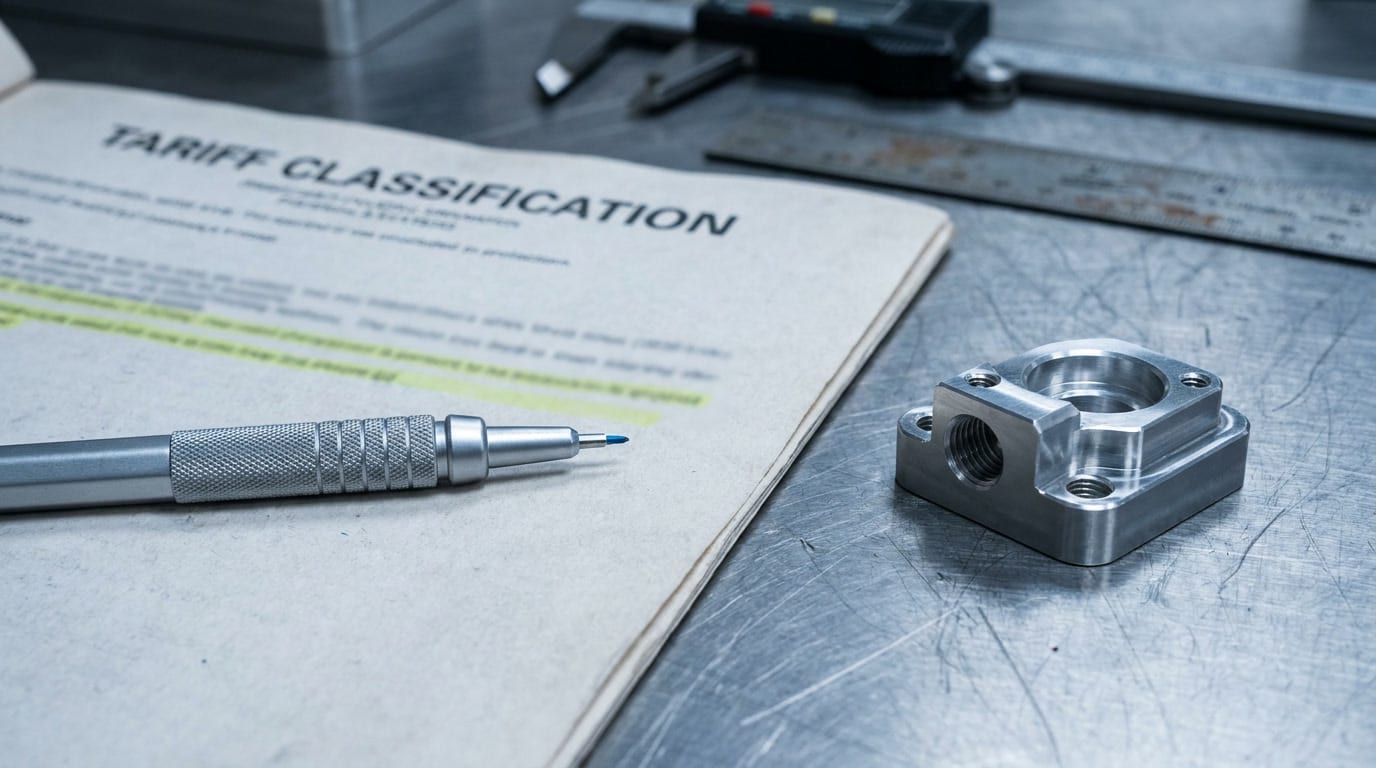 immex-prosec-technical-guide-chinese-manufacturers-03.jpg Printed tariff schedule with highlighted HS fraction line beside a precision-machined component, representing PROSEC tariff reduction analysis