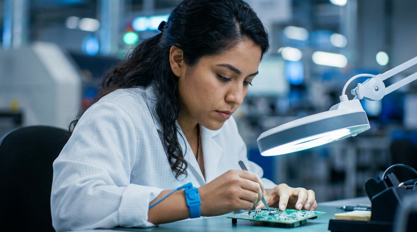immex-prosec-technical-guide-chinese-manufacturers-04.jpg Electronics technician assembling a PCB at a production workstation, representing PROSEC-covered electronics manufacturing in Mexico