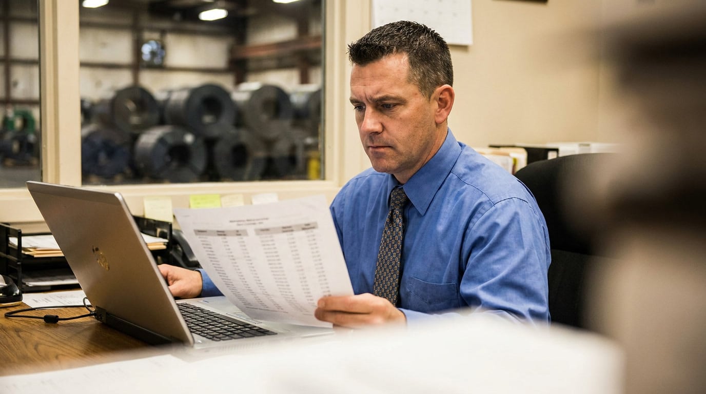 immex-prosec-technical-guide-chinese-manufacturers-05.jpg Supply chain analyst reviewing a duty rate comparison document with rolled steel production visible in background