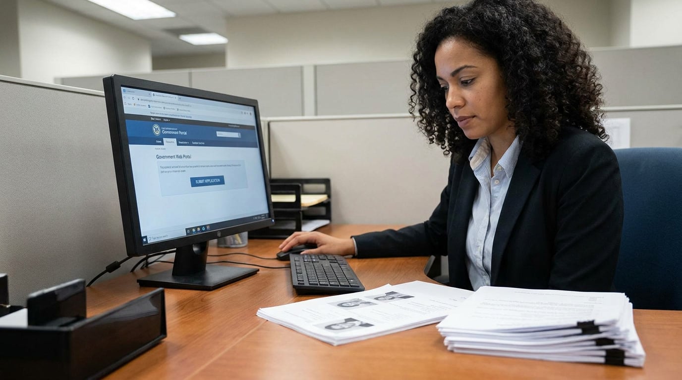 immex-prosec-technical-guide-chinese-manufacturers-06.jpg Compliance professional submitting an IMMEX application electronically with supporting documents on desk