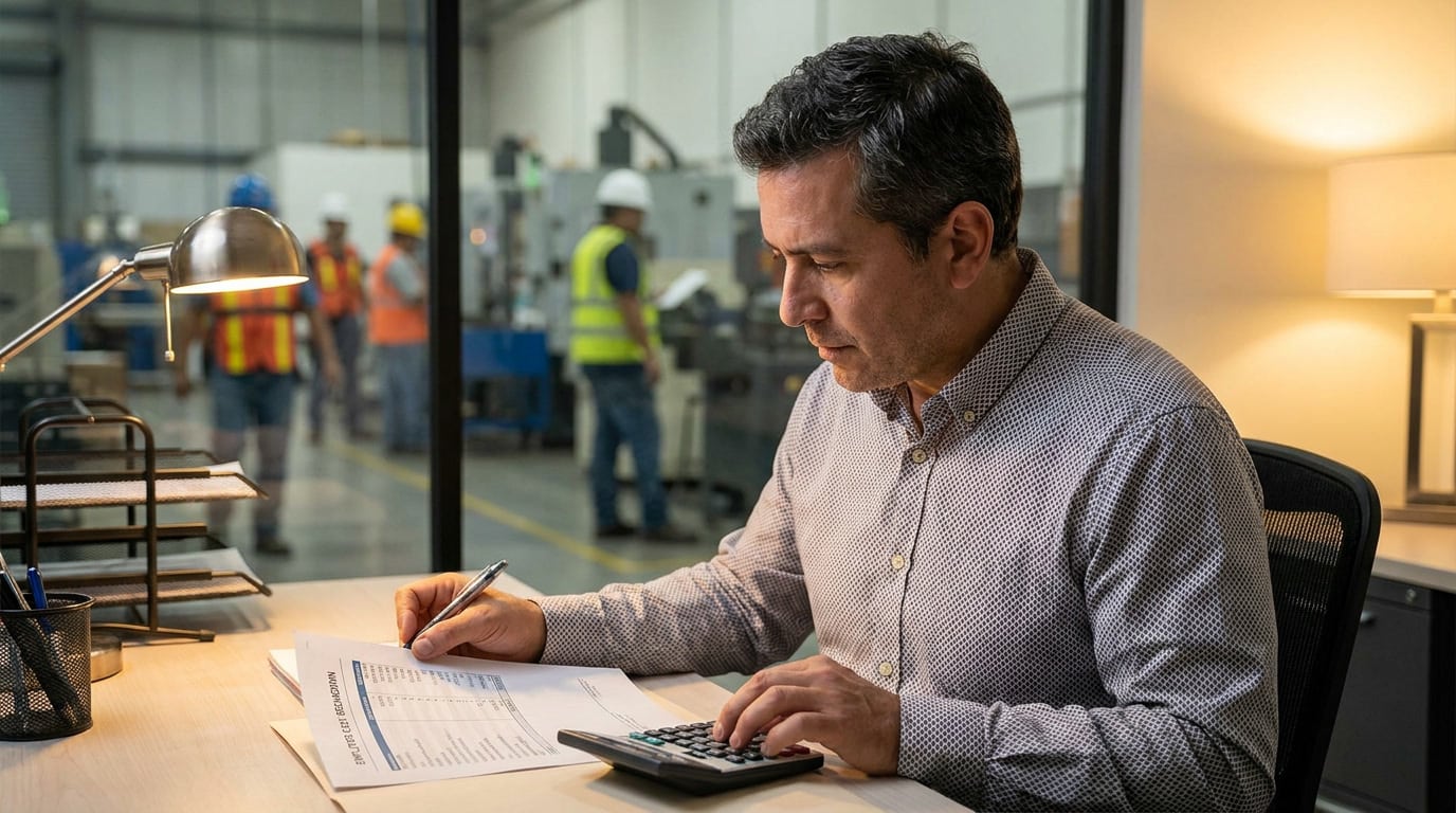immex-prosec-technical-guide-chinese-manufacturers-07.jpg HR specialist reviewing statutory employer cost breakdown with production floor workers visible in background