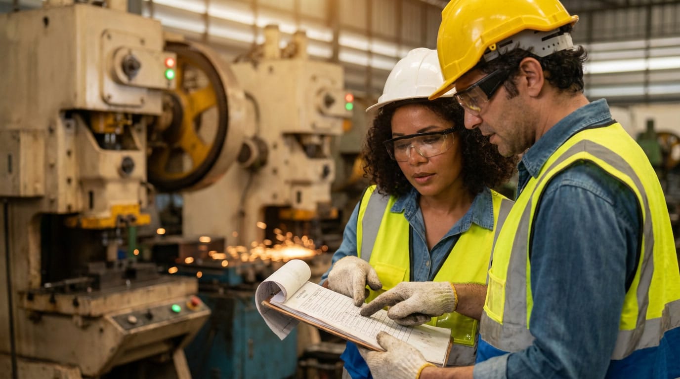 immex-prosec-technical-guide-chinese-manufacturers-08.jpg Two manufacturing operations professionals reviewing a compliance checklist at a production site with active equipment in background