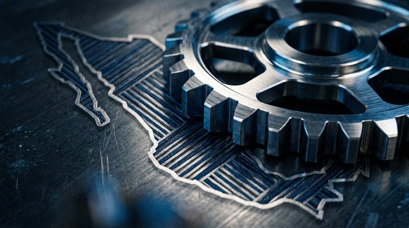 Precision-machined metallic component double-exposed with the stylized silhouette of Mexico, representing IMMEX and PROSEC manufacturing programs