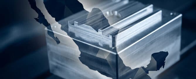 CNC-machined aluminum component double-exposed with the stylized silhouette of Mexico, representing industrial real estate strategy across the country.