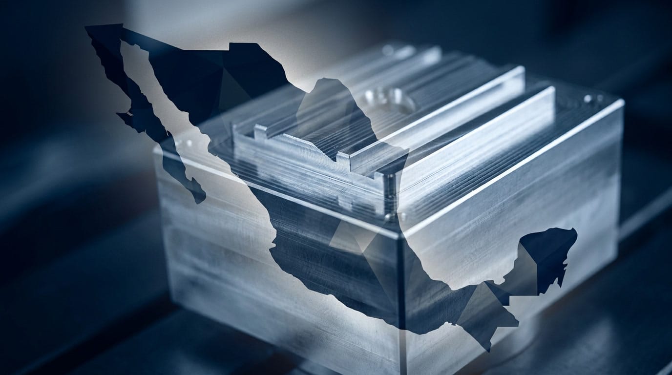 CNC-machined aluminum component double-exposed with the stylized silhouette of Mexico, representing industrial real estate strategy across the country.