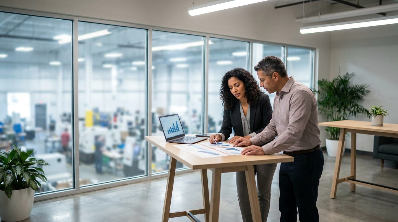 Two professionals reviewing industrial real estate market data inside a Class A industrial park leasing office in Mexico.